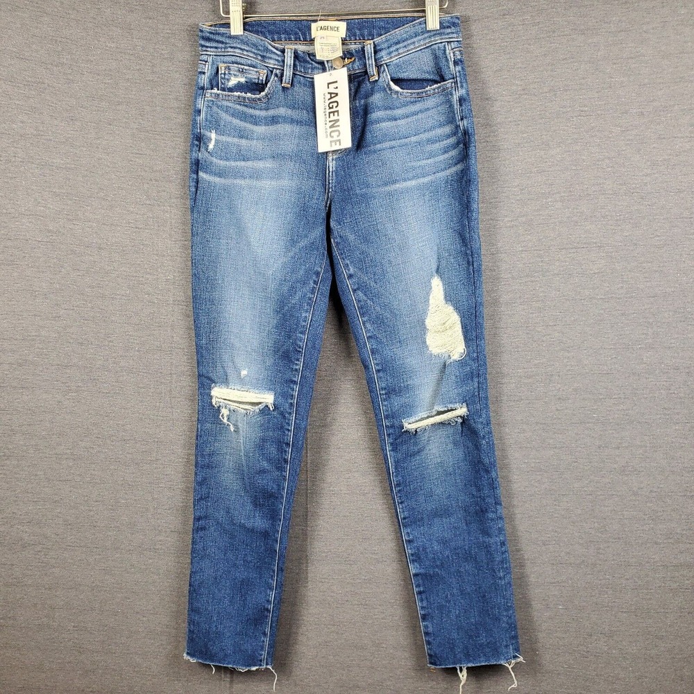 L'agence Skinny Stretch Jeans Sz 25 Womens Straight Leg Distressed Raw Hem Blue